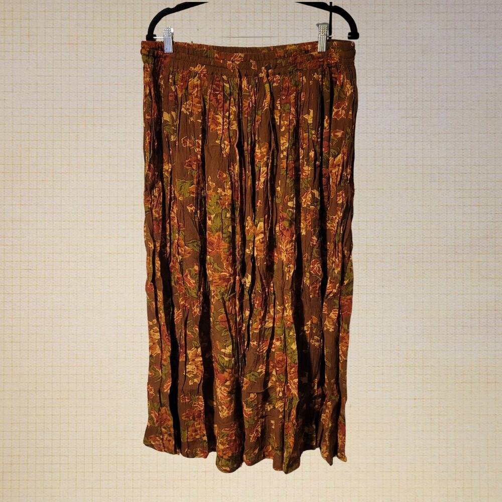 Dark Academia Rayon Maxi Skirt Phool Brown Floral Elastic Drawstring XL